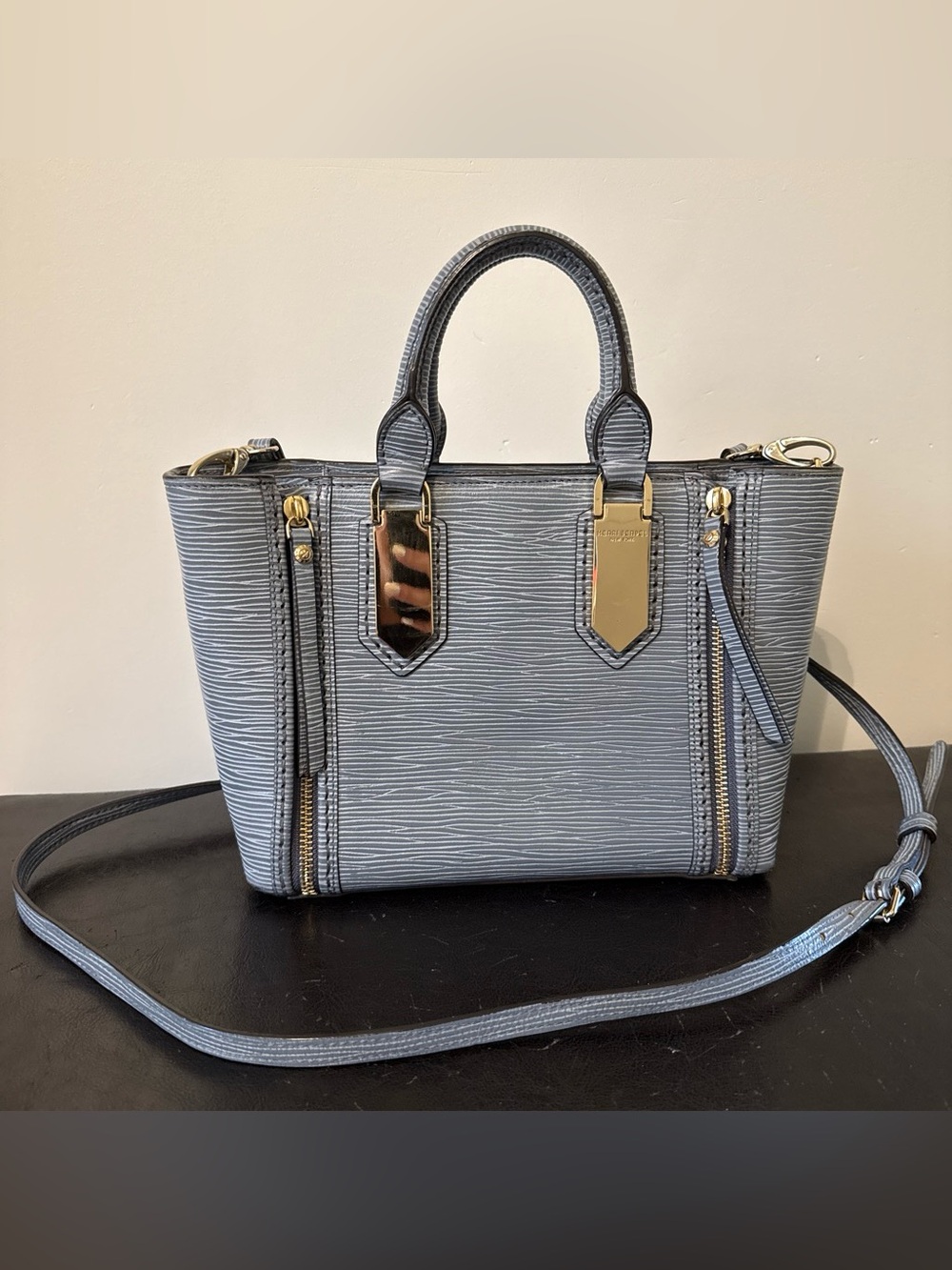 Henri Bendel A List Mini Light Blue Textured Leather Satchel with Gold Hardware